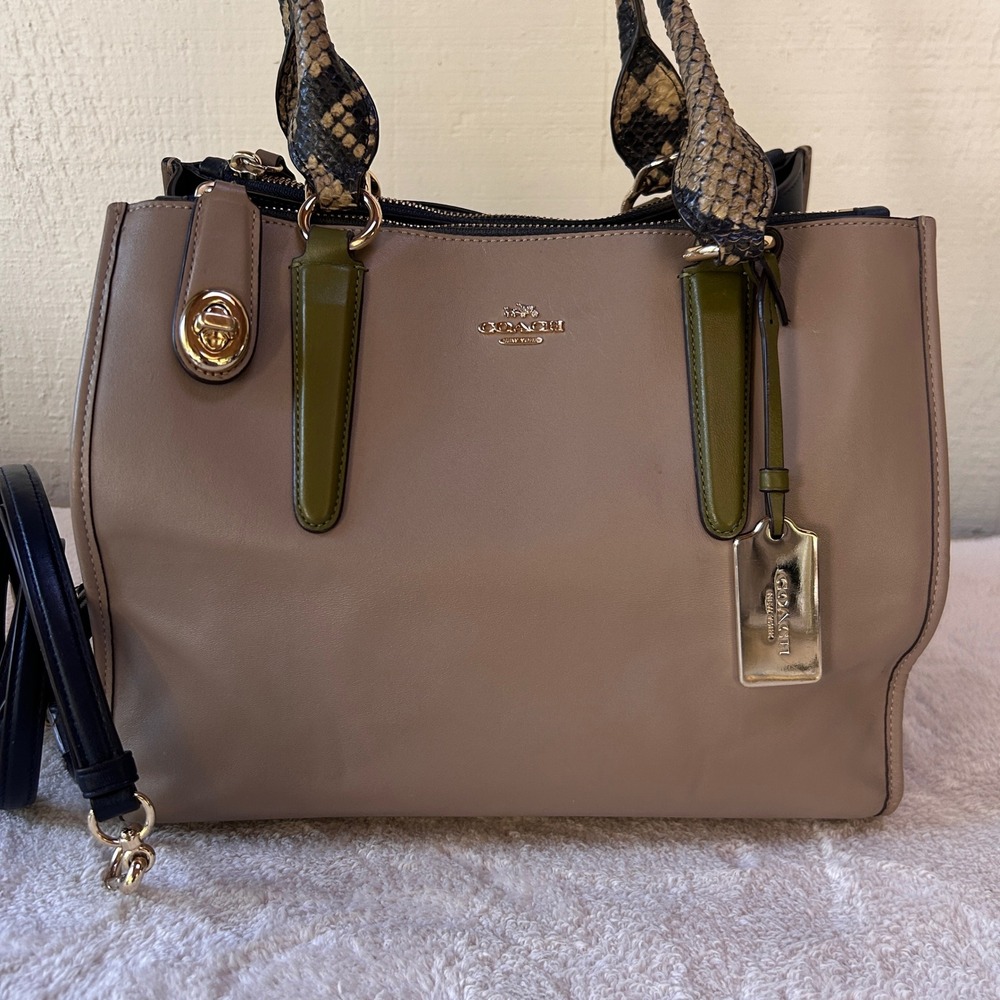 Coach Crosby Carryall Colorblock Snakeskin Leather Handbag Taupe Green Navy